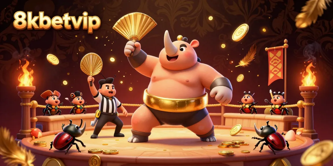 Experience excitement with 8kbetvip as beetle champions compete and golden coins fly in this vibrant scene.