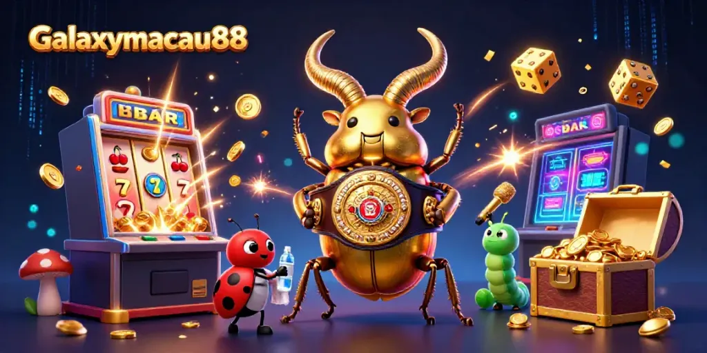 Experience the thrill of galaxymacau88 with a dynamic 3D casino scene showcasing winning elements and vibrant characters.