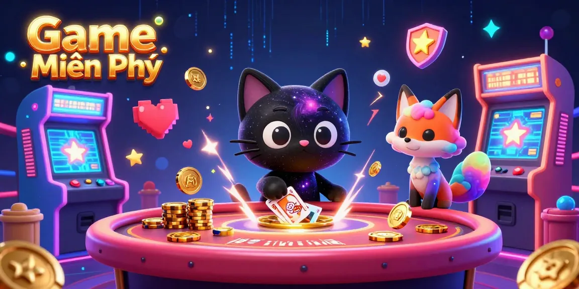 Experience the excitement of Game Miễn Phí as a black hole cat draws in casino chips at a cosmic table, surrounded by vibrant gaming elements.