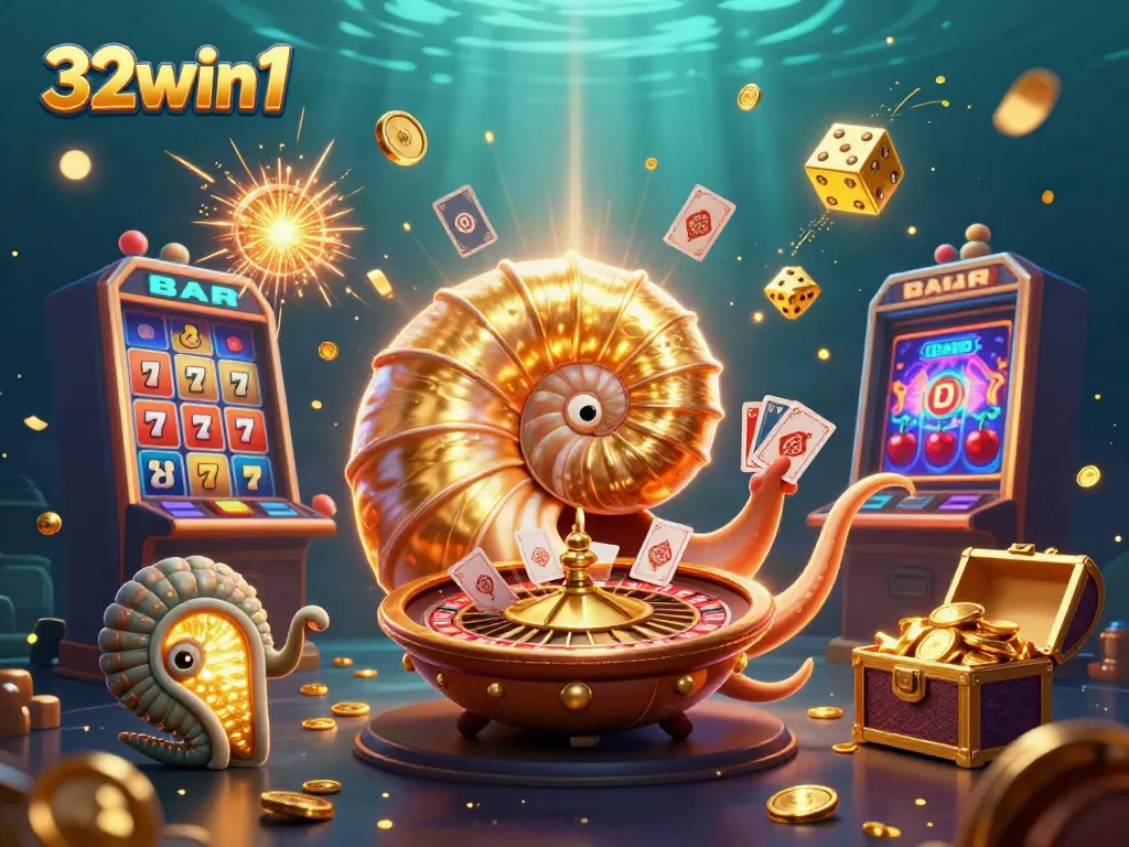 Experience thrilling wins with 32win1's vibrant casino scene featuring a nautilus roulette wheel and exciting slot jackpots.