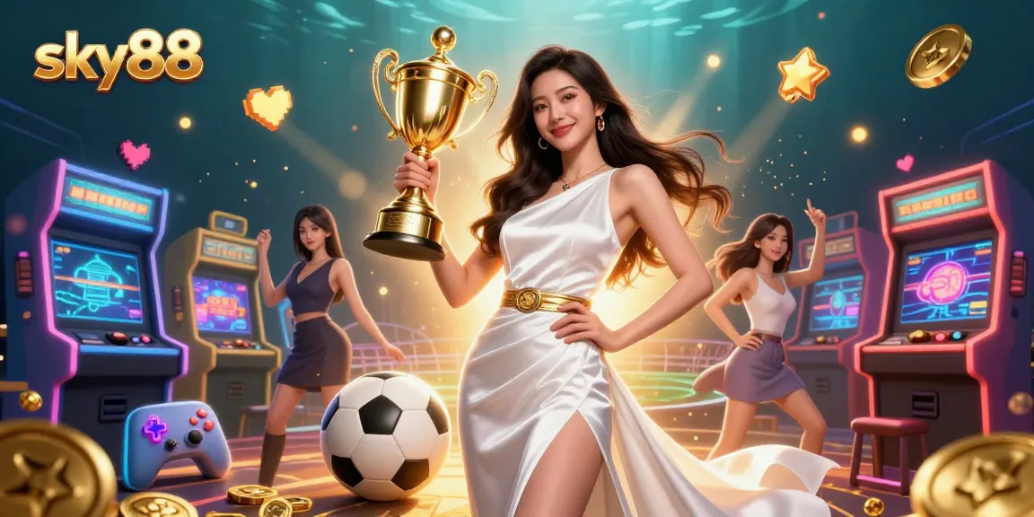 Experience thrilling gameplay at sky88 with a victorious woman holding a trophy surrounded by dynamic casino elements.