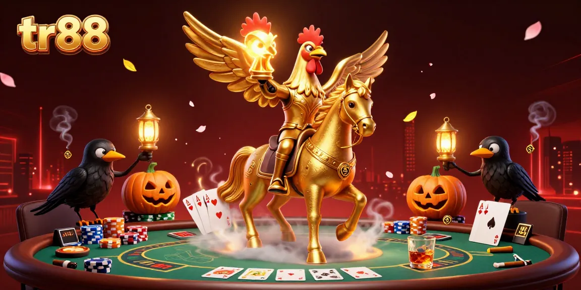 Experience TR88's vibrant casino scene featuring a golden rooster and dynamic poker elements.