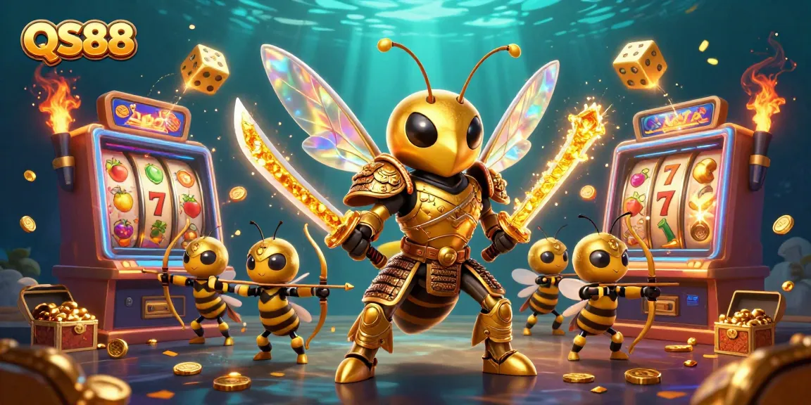 Experience thrilling gaming at QS88, with captivating 3D slot machines and dynamic action surrounding a majestic hornet warrior.