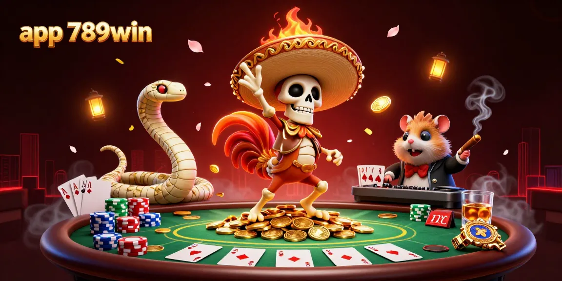 Experience thrilling wins with the app 789win as a mariachi rooster celebrates a big poker score amidst golden coins.