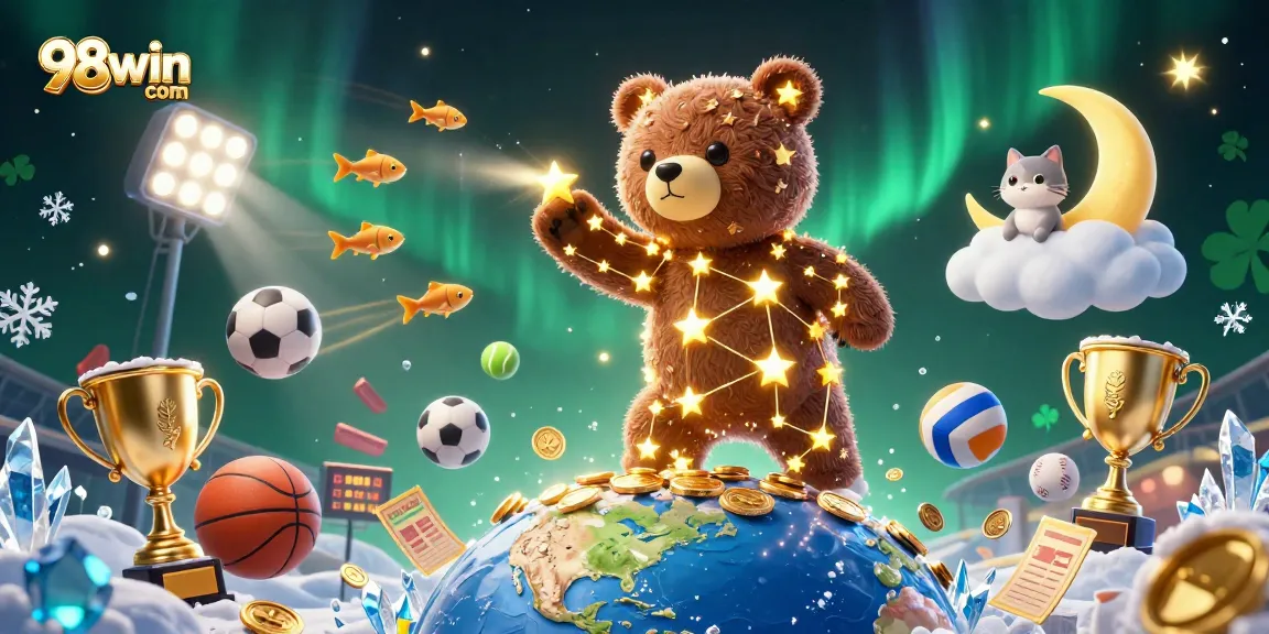 Play and win with 98win com, featuring casino gaming elements in a vibrant, engaging scene.
