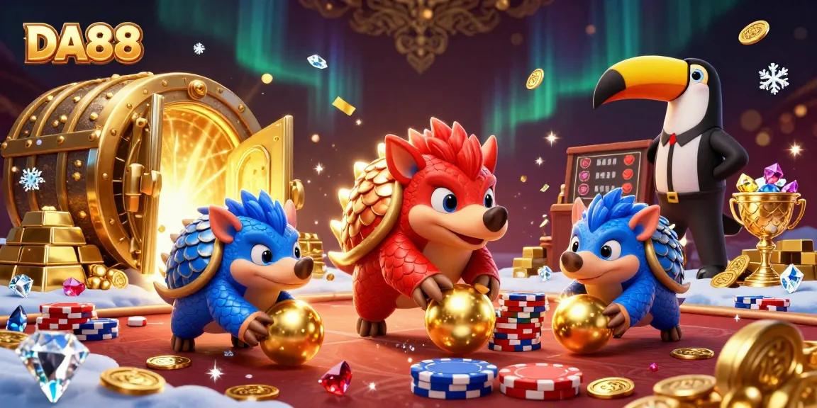 Experience the thrill at DA88 with rival pangolins gambling through golden poker chips.