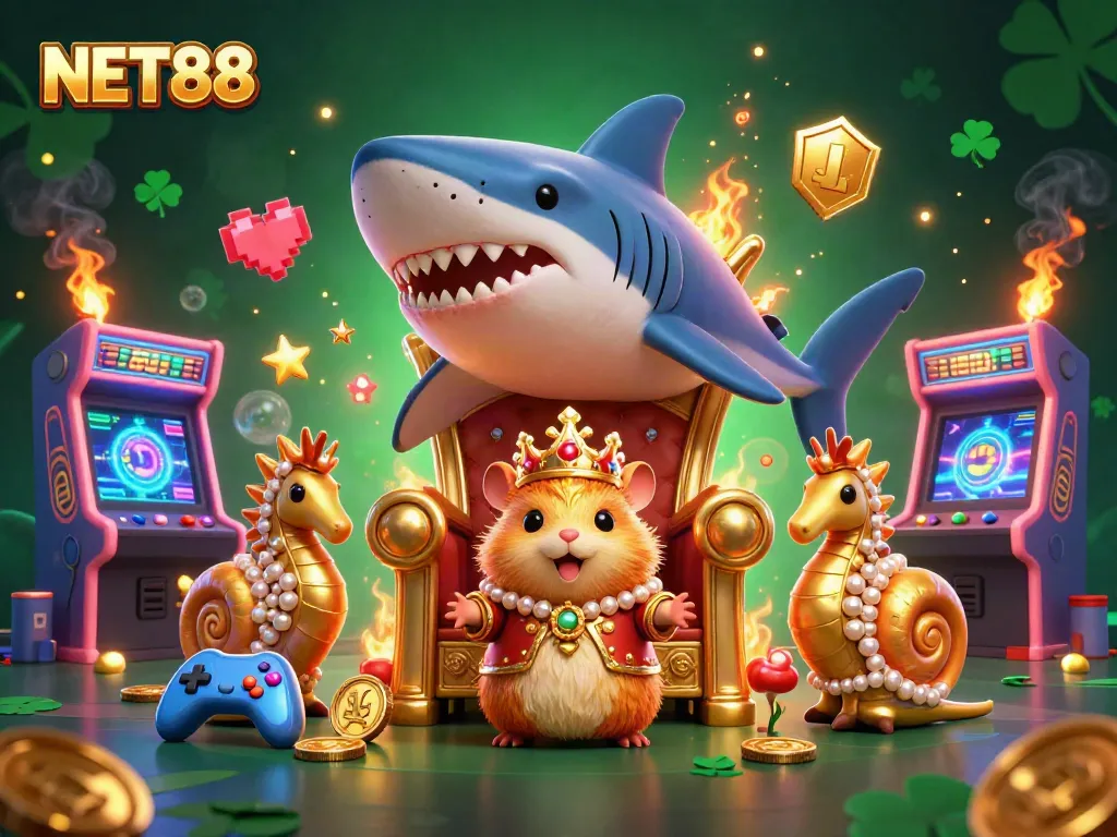 Engage with NET88 through vibrant casino-themed 3D illustration showcasing fantastical characters and gaming elements.