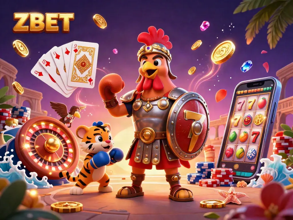 ZBET offers thrilling casino action with a gladiator rooster and a tiger cub in vibrant 3D art.
