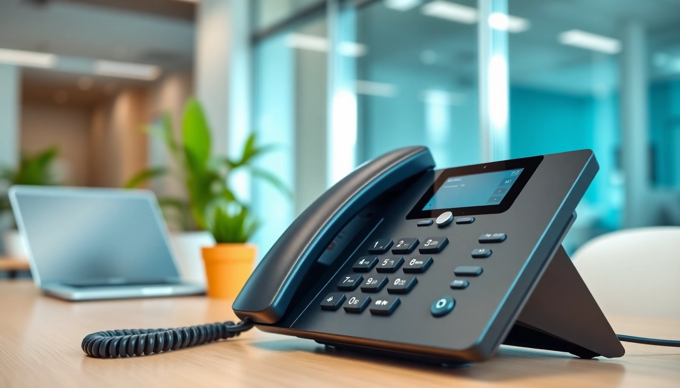 Engaging setup illustrating telephone systems in a professional office environment with modern design features.