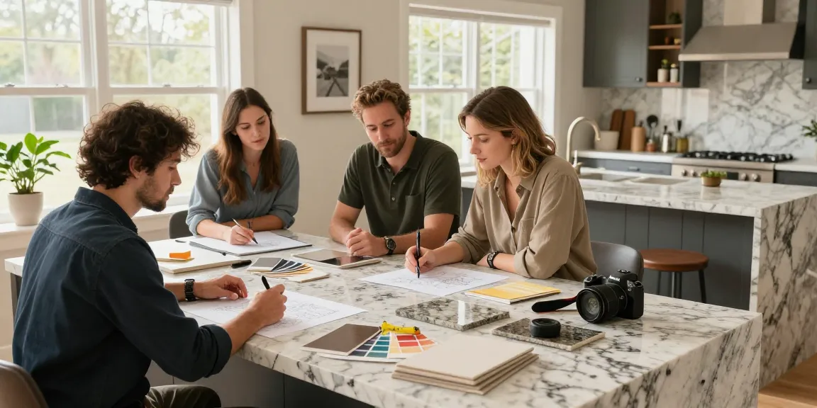 Custom countertop designers Hamilton collaborating on quartz samples in a modern kitchen