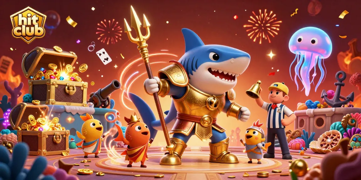 Experience the excitement with hit club as the 3D shark gladiator and vibrant underwater elements duel for gaming victory.