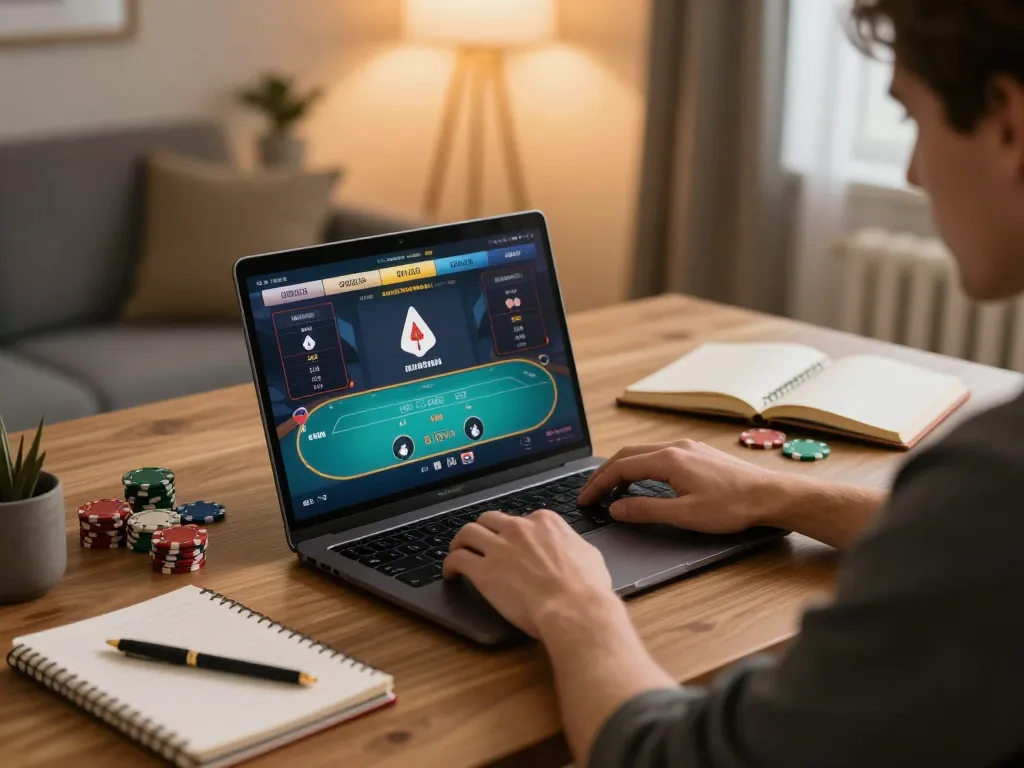 Player engaging in online poker at home, showcasing 678vip gaming with strategic focus and warm atmosphere