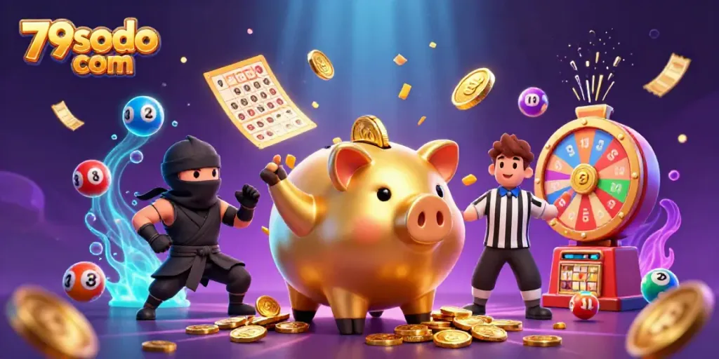 Engage with the energetic scene at 79sodo com featuring a golden piggy bank sumo wrestler and interactive lottery elements.