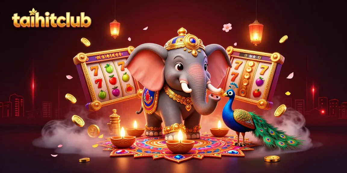 Experience the excitement of taihitclub with vibrant 3D casino elements and festive elephants in action.