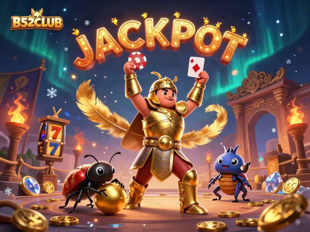 B52CLUB features a 3D cartoon hercules beetle celebrating a jackpot win with vibrant gaming elements and golden coins.