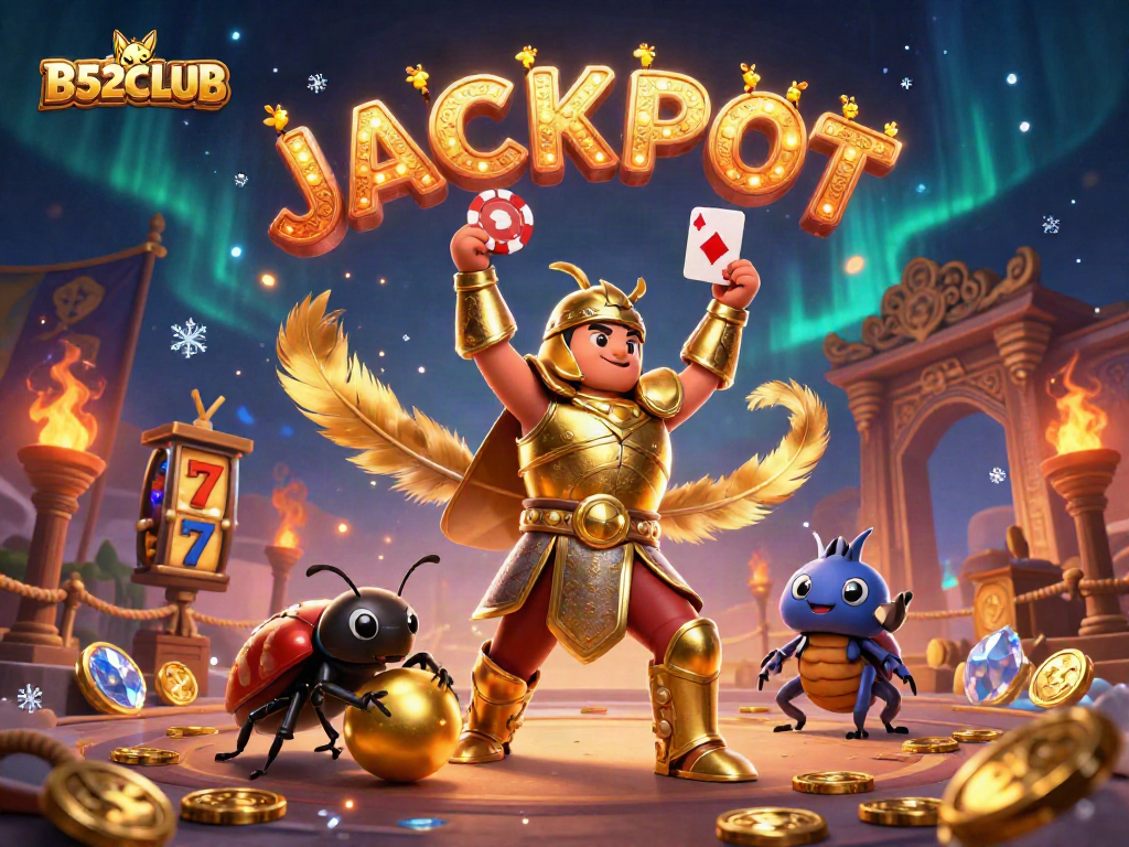 B52CLUB features a 3D cartoon hercules beetle celebrating a jackpot win with vibrant gaming elements and golden coins.