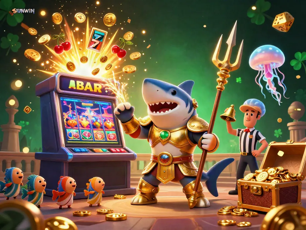 SUNWIN showcases an exciting underwater casino scene featuring a shark gladiator, slot machines, and festive elements.