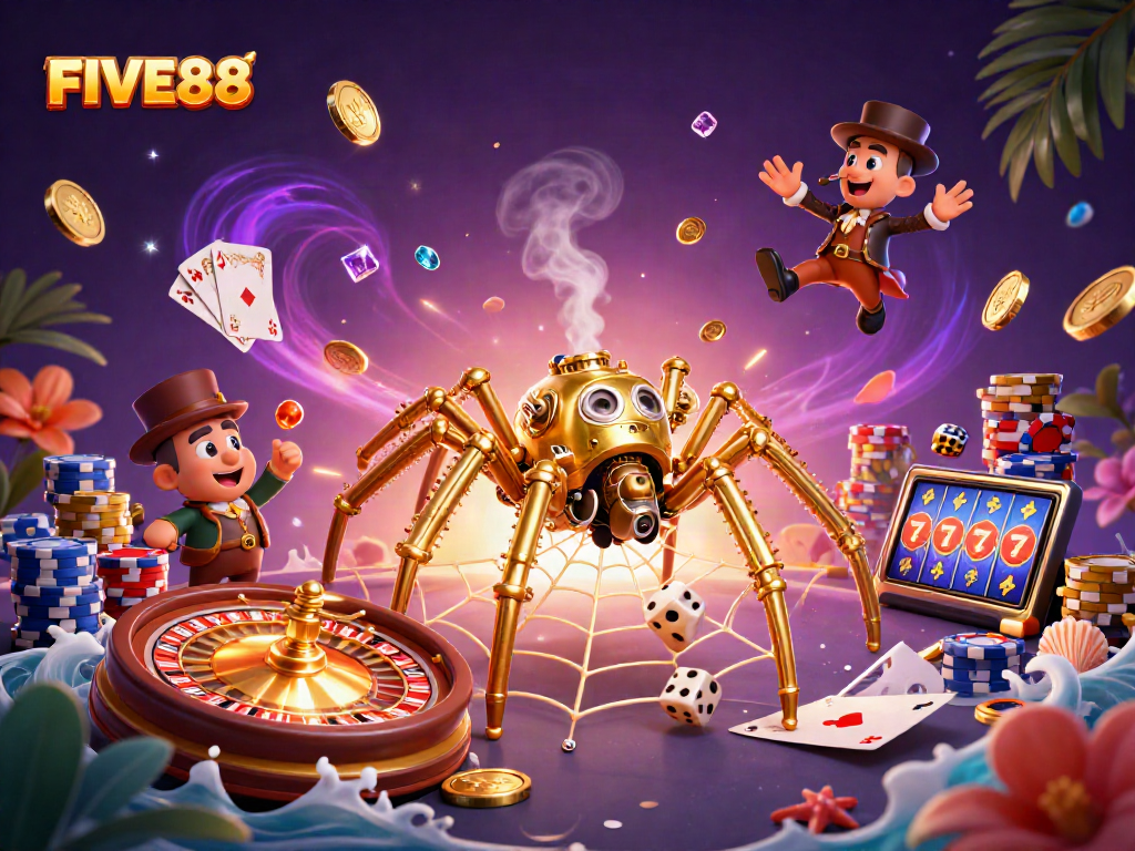 Engage with FIVE88's thrilling 3D casino scene featuring a golden spider and dynamic gambling elements.