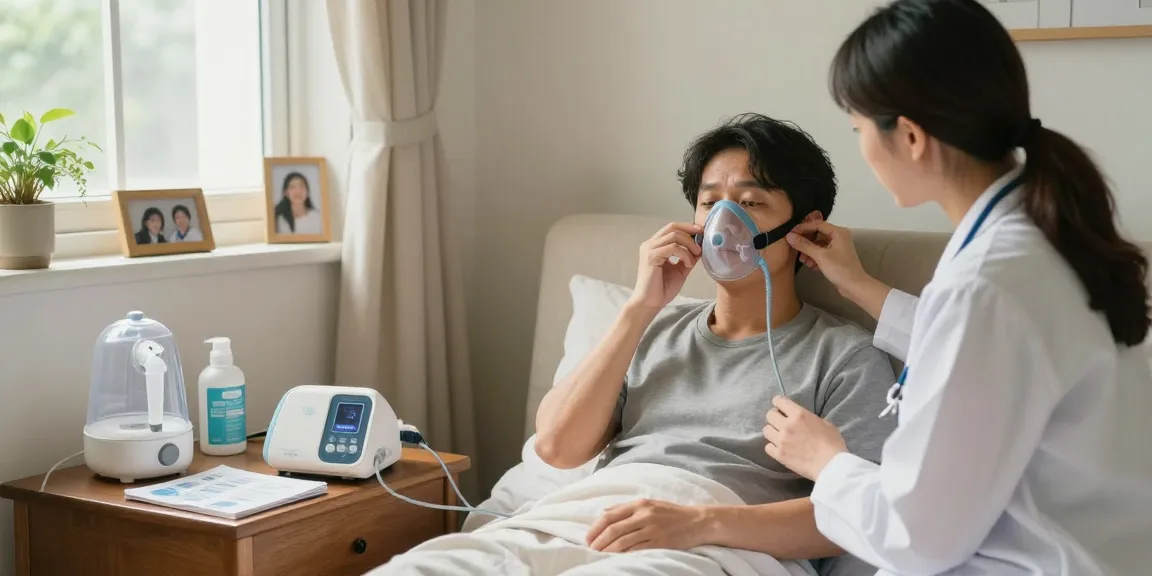 CPAP dealers near me: patient using CPAP machine in a cozy home setting with clinician support.