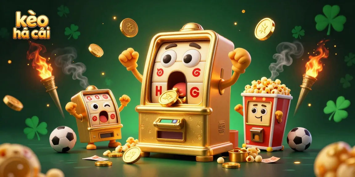 Celebrate kèo nhà cái winnings as a cartoon slot machine hits the jackpot amidst a sports betting scene.