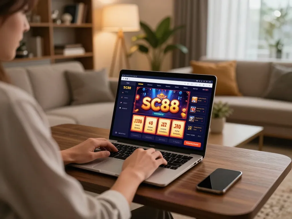 Engaging with the SC88 online casino platform for a strategic gaming session in a cozy setting.