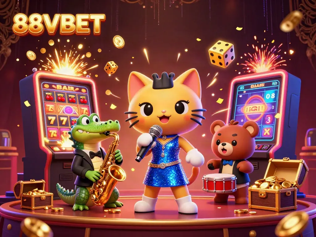 Engage with the lively 88VBET casino scene featuring musicians and slot machine excitement.