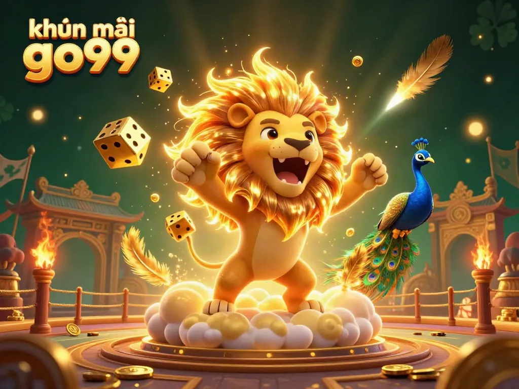 Engage with khuyến mãi go99 in a vibrant casino scene featuring a roaring lion, golden dice, and colorful game elements.