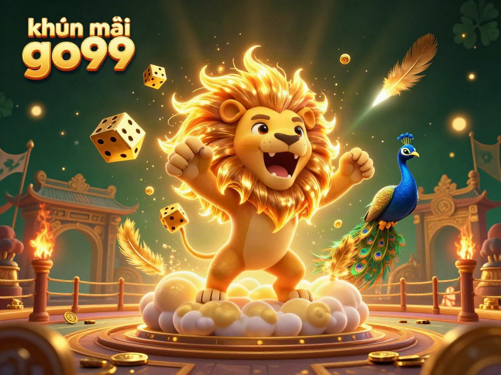 Engage with khuyến mãi go99 in a vibrant casino scene featuring a roaring lion, golden dice, and colorful game elements.