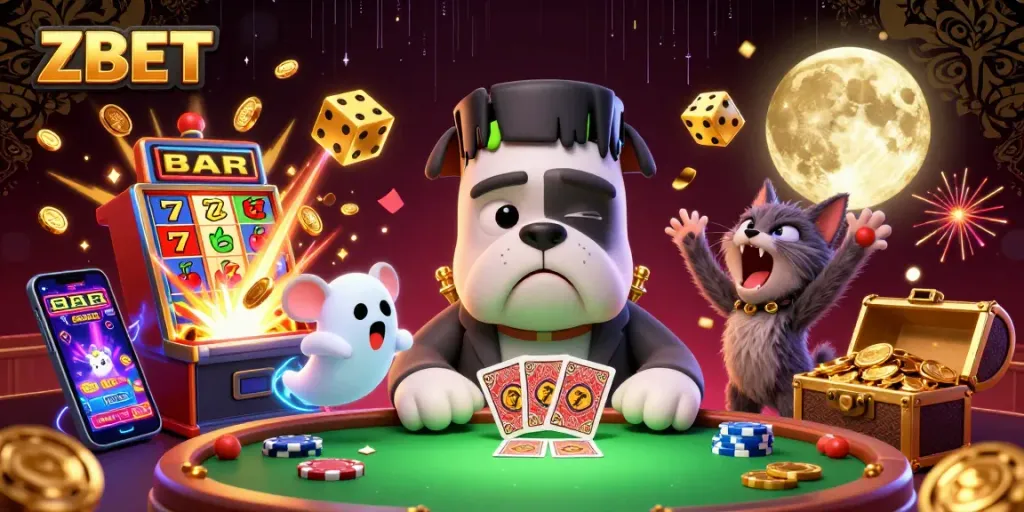 ZBET players experiencing thrilling card games and jackpots in a vibrant casino illustration.