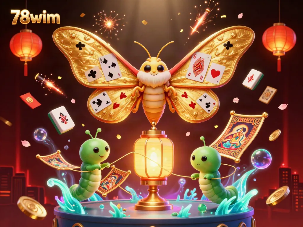 Experience the excitement of 78wim as a majestic moth unveils casino-themed wonders in a vibrant 3D scene.