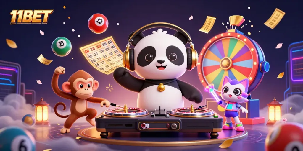 Experience exciting gameplay with 11BET as a DJ panda and friends celebrate with lottery balls and festive elements