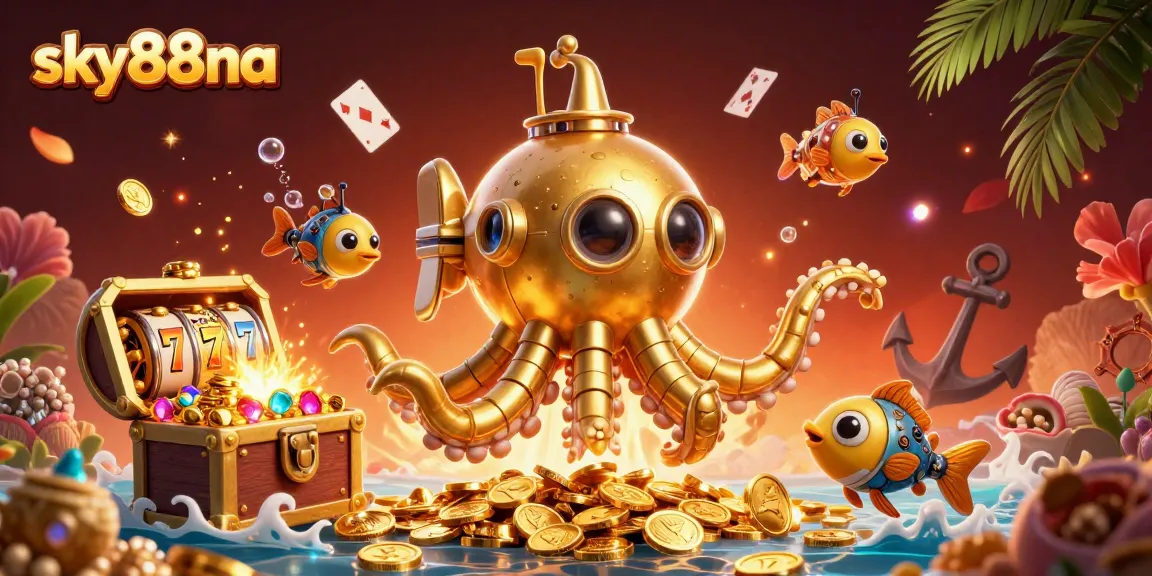 Experience thrilling wins with sky88na's casino adventures featuring a kraken submarine amidst golden treasures.