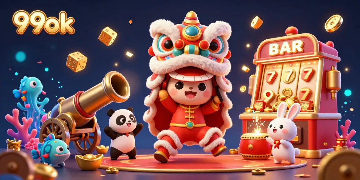 Engage in thrilling fish shooting action with 99ok's vibrant carnival scene featuring a lion dance.