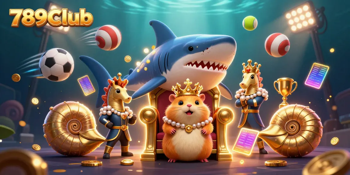 Engage with 789Club through a vibrant 3D illustration featuring a golden hamster king surrounded by dynamic gaming elements.