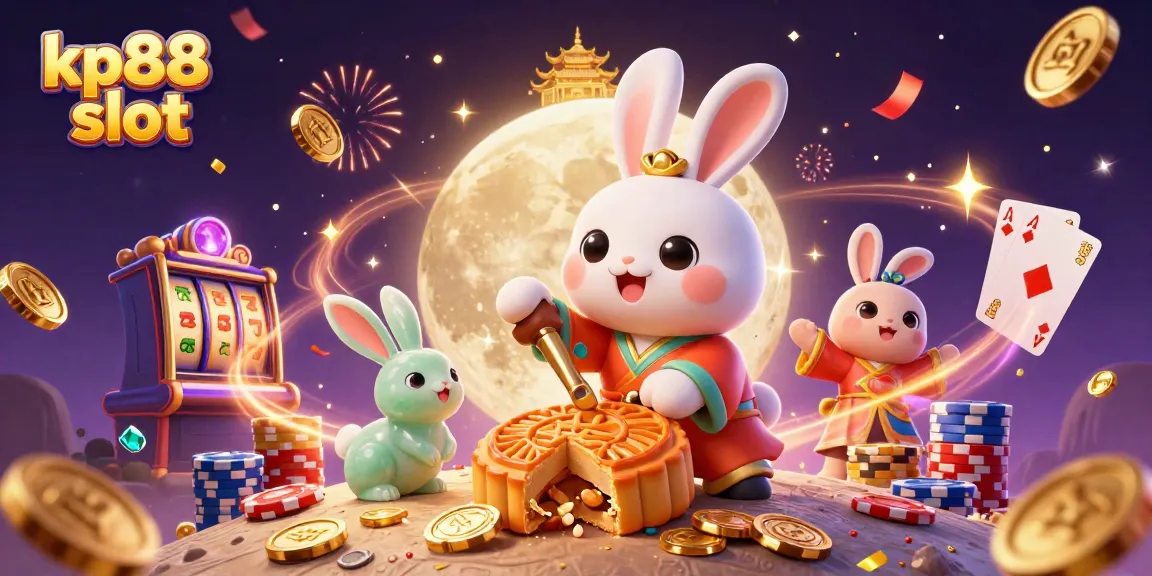 Experience the thrill of kp88 slot with dynamic 3D illustration showcasing moon rabbits, casino elements, and festive decorations.