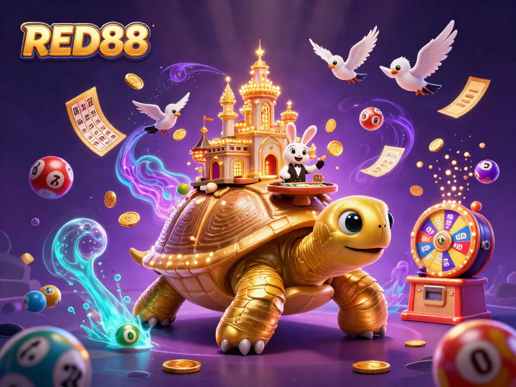 Experience the excitement of RED88 with a vibrant 3D casino scene featuring lively game elements.