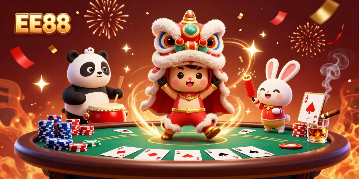 Experience EE88 with a vibrant 3D scene featuring a lion dance, poker elements, and celebration effects.