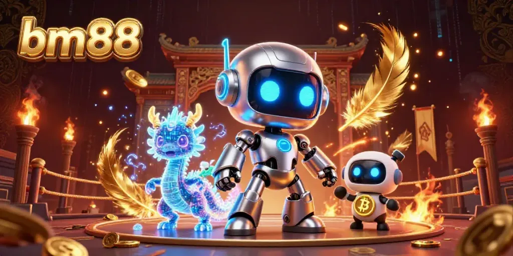 Engage with bm88's thrilling casino experience featuring a cyberpunk robot and a holographic dragon in a vibrant gambling arena.
