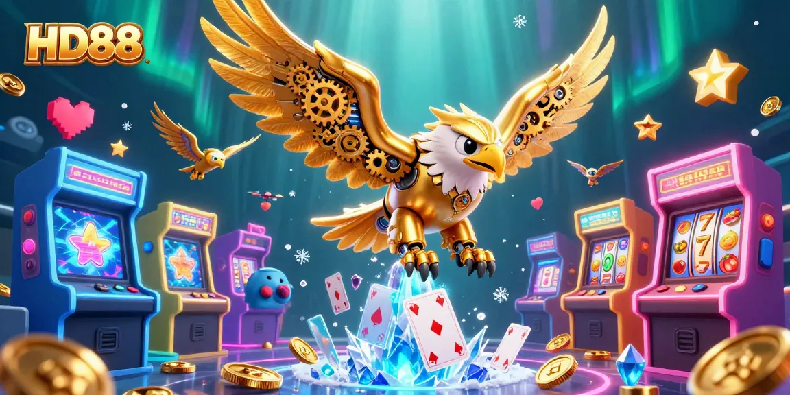 HD88 showcases a vibrant gaming atmosphere with a golden eagle, holographic cards, and slot reels.