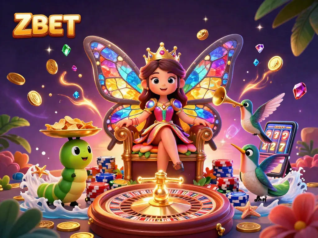 ZBET brings excitement with a dynamic gaming scene featuring butterflies and vibrant casino elements.