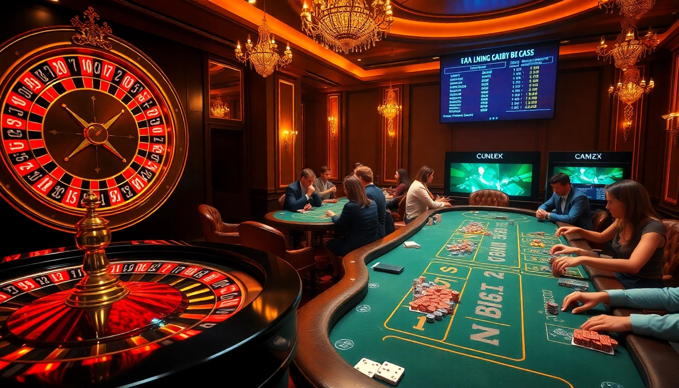 Lively casino scene at https://luongsontv23.com/ showcasing poker tables, roulette wheel, and players in action.