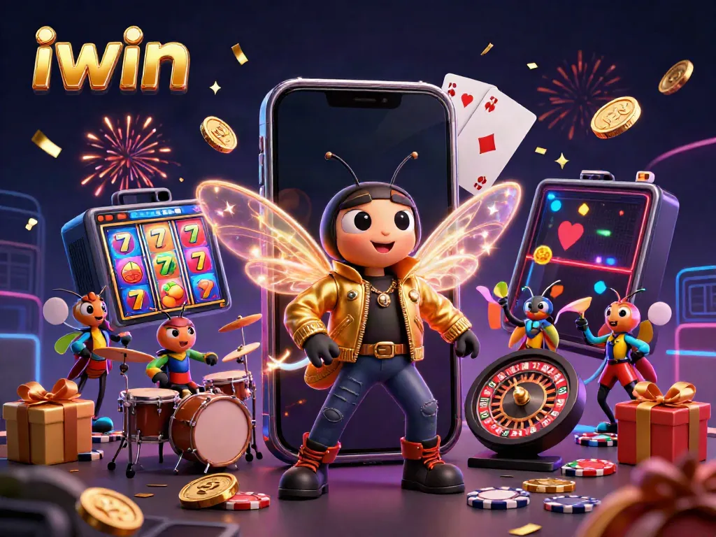 Experience exhilarating gaming with iwin's dynamic scene of a cartoon rock star and casino elements.