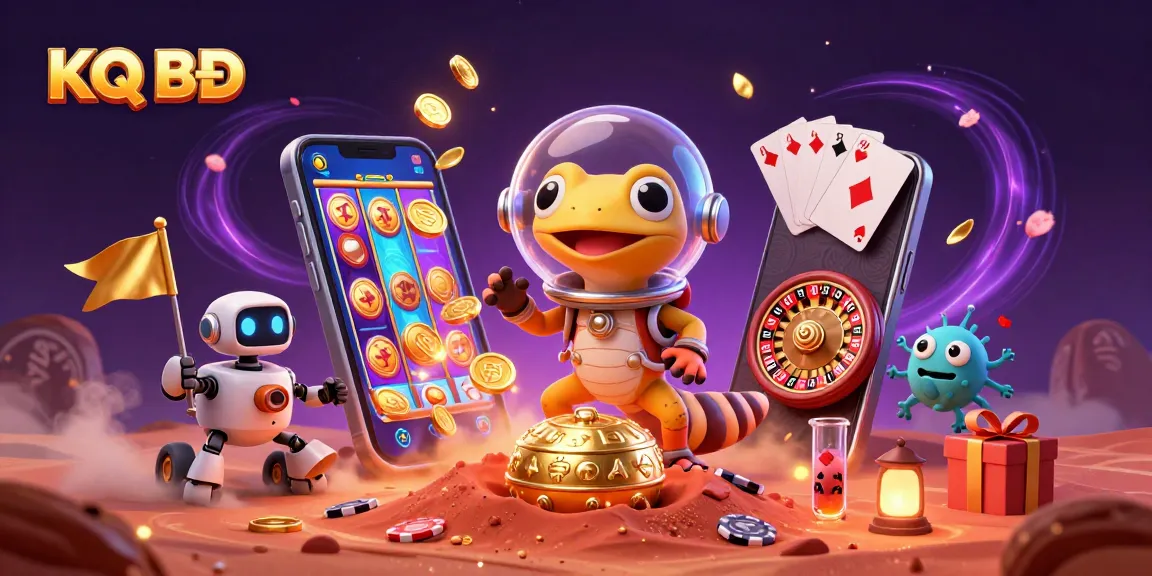 KQ BĐ highlights a 3D gecko discovering a casino, surrounded by dynamic gaming elements.