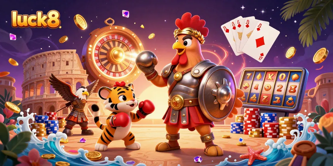 Engage in thrilling action with luck8 as a rooster gladiator and sparring cub in a vibrant casino scene.