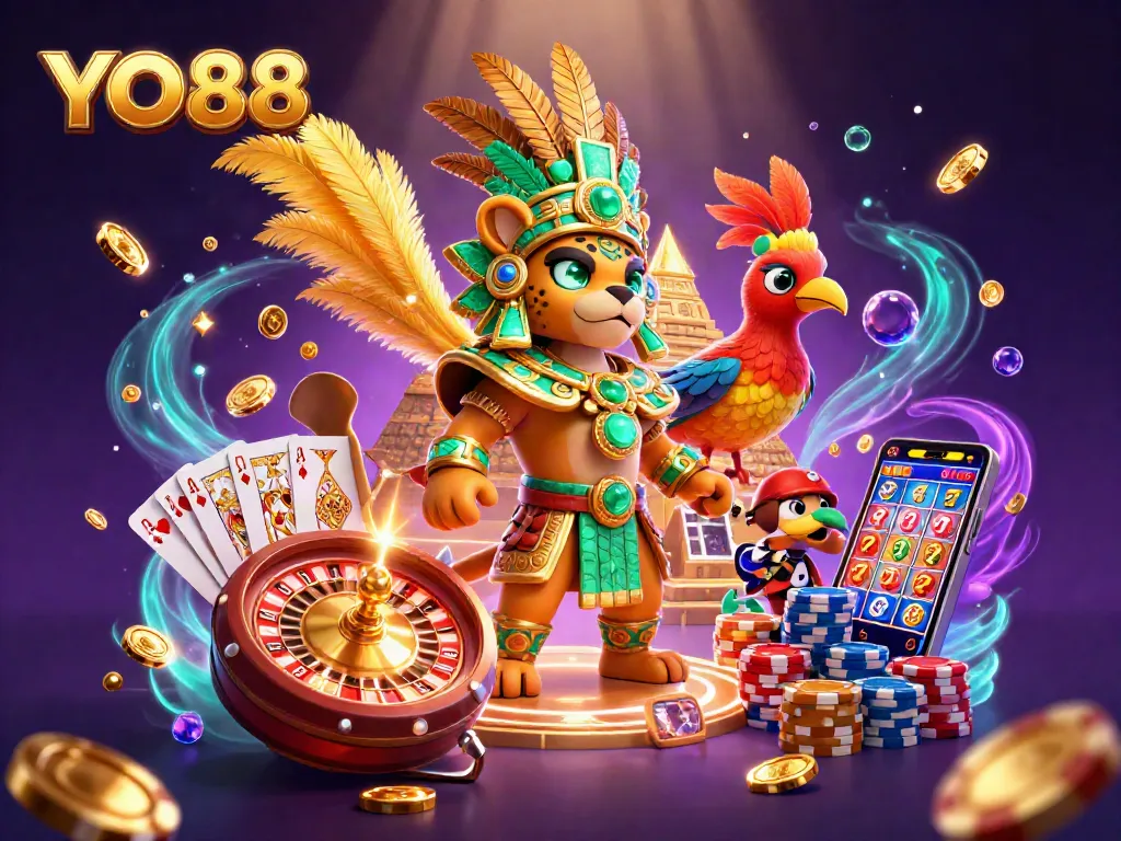 Experience thrilling gameplay at YO88 with a majestic jaguar priest and golden treasures in a vibrant casino scene.