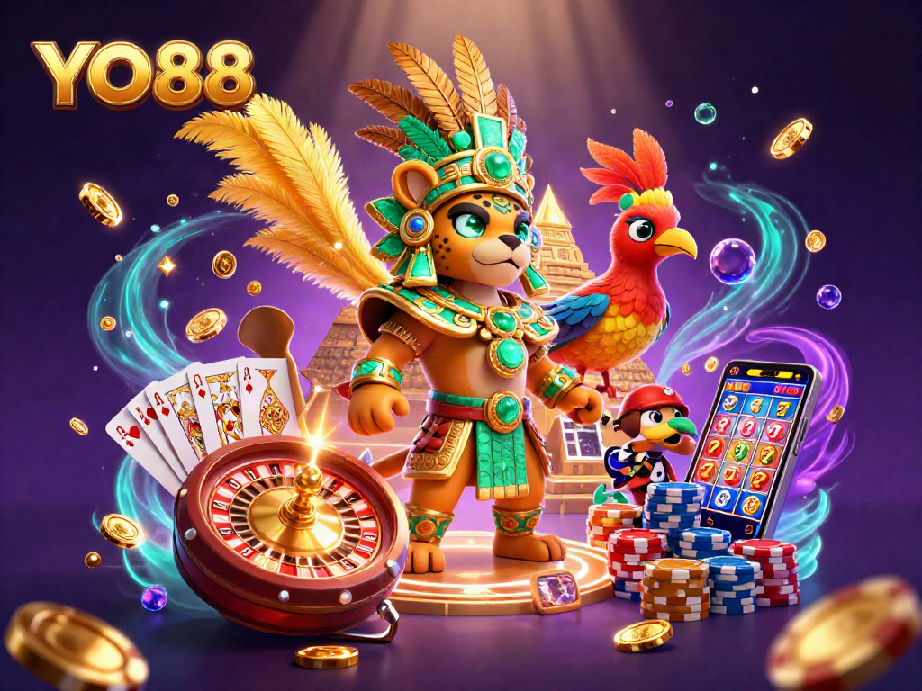 Experience thrilling gameplay at YO88 with a majestic jaguar priest and golden treasures in a vibrant casino scene.