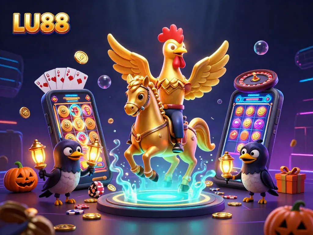 Play LU88 at a thrilling midnight casino with a golden rooster and glowing elements.