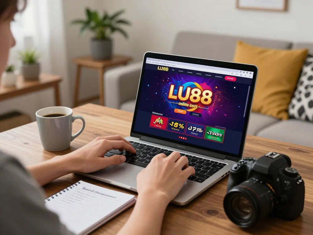 Engaging in thrilling online gaming at LU88 with stylish laptop setup and cozy atmosphere.