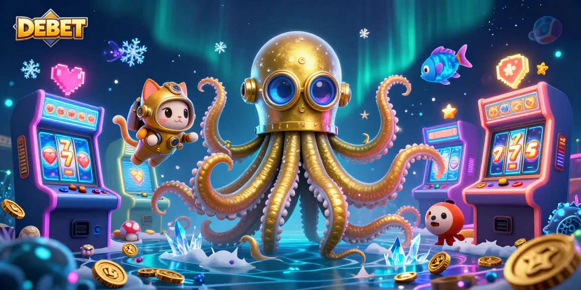 Engage in exciting DEBET casino adventures with a spectacular scene featuring a kraken, a diving cat, and neon gaming elements.