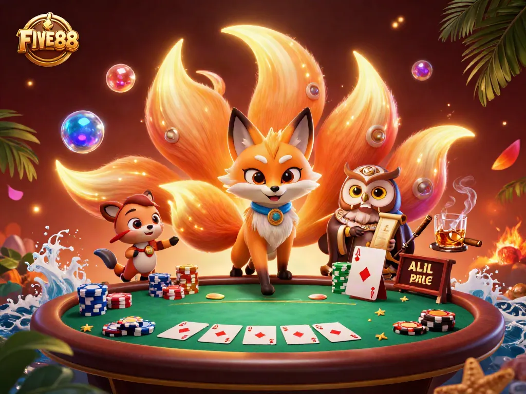 Experience the vibrant energy of gambling at FIVE88 with glowing spirits and poker elements in this colorful 3D illustration.